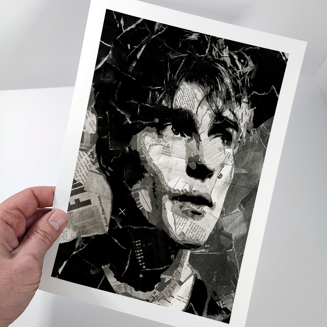 A Sam Fender poster design - a portrait of Sam made using a collage of torn pieces of magazine pages in black and white.