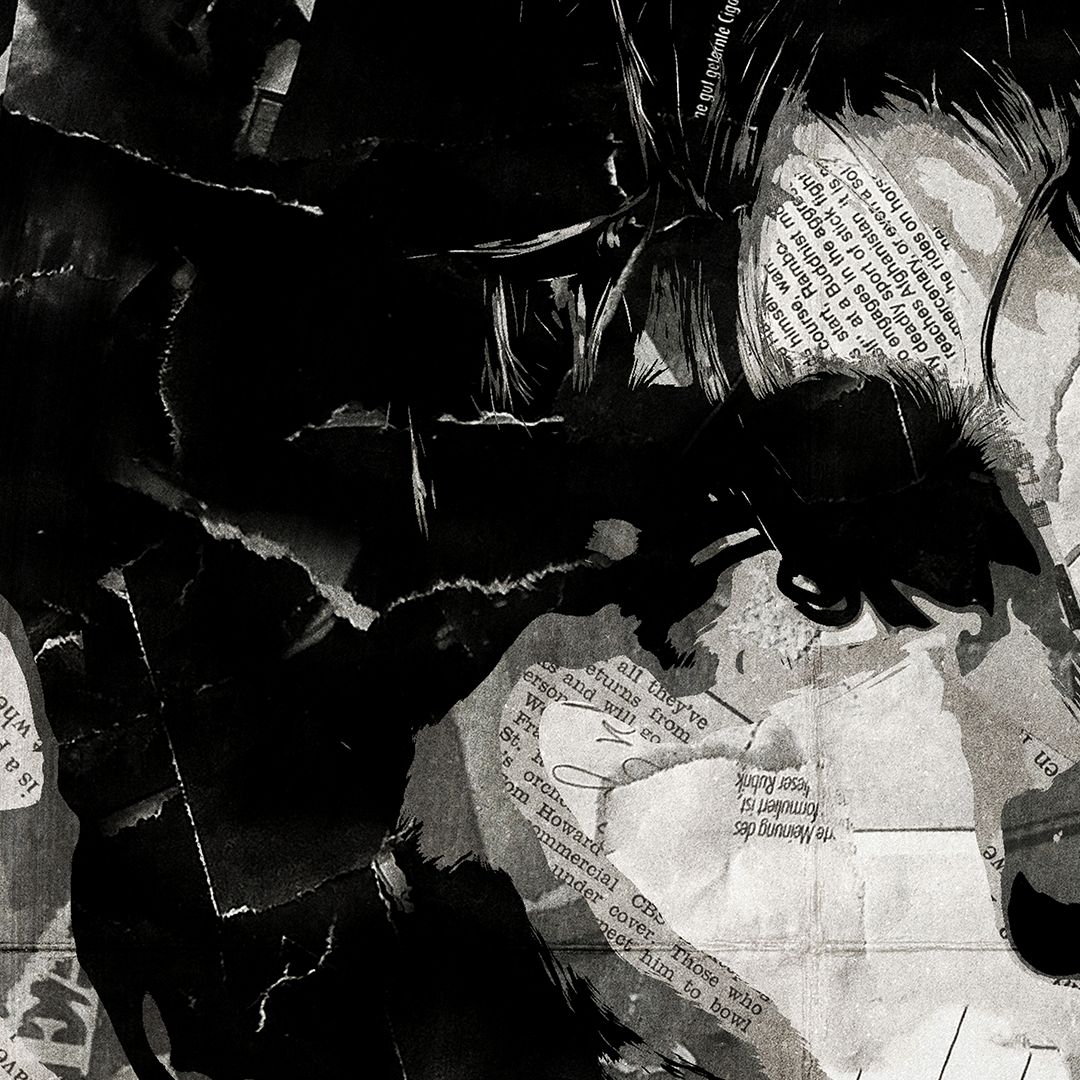 A Sam Fender poster design - a portrait of Sam made using a collage of torn pieces of magazine pages in black and white.