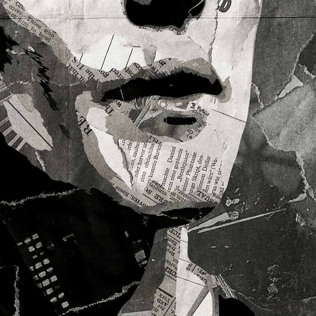 A Sam Fender poster design - a portrait of Sam made using a collage of torn pieces of magazine pages in black and white.