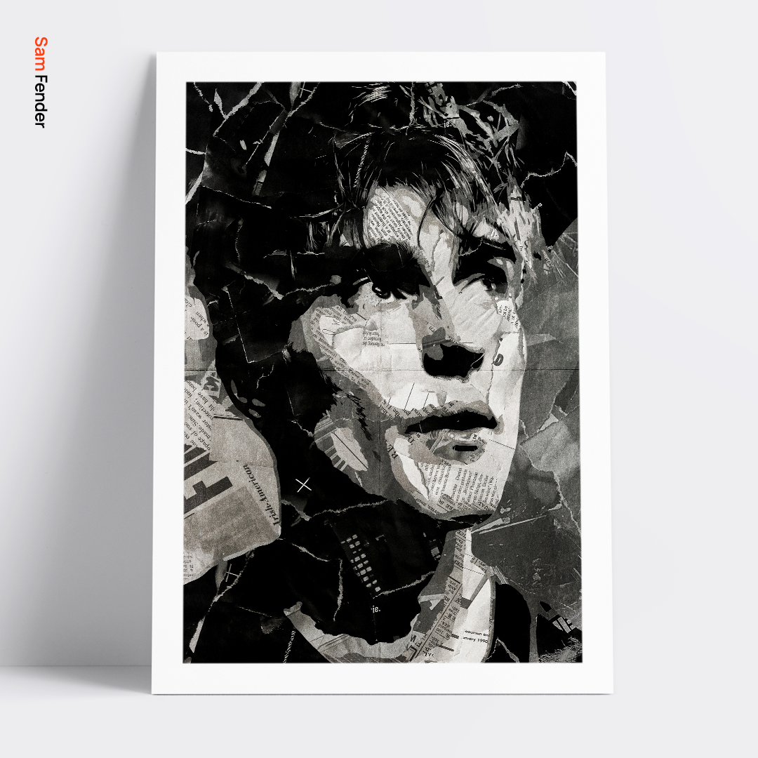 A Sam Fender poster design - a portrait of Sam made using a collage of torn pieces of magazine pages in black and white.