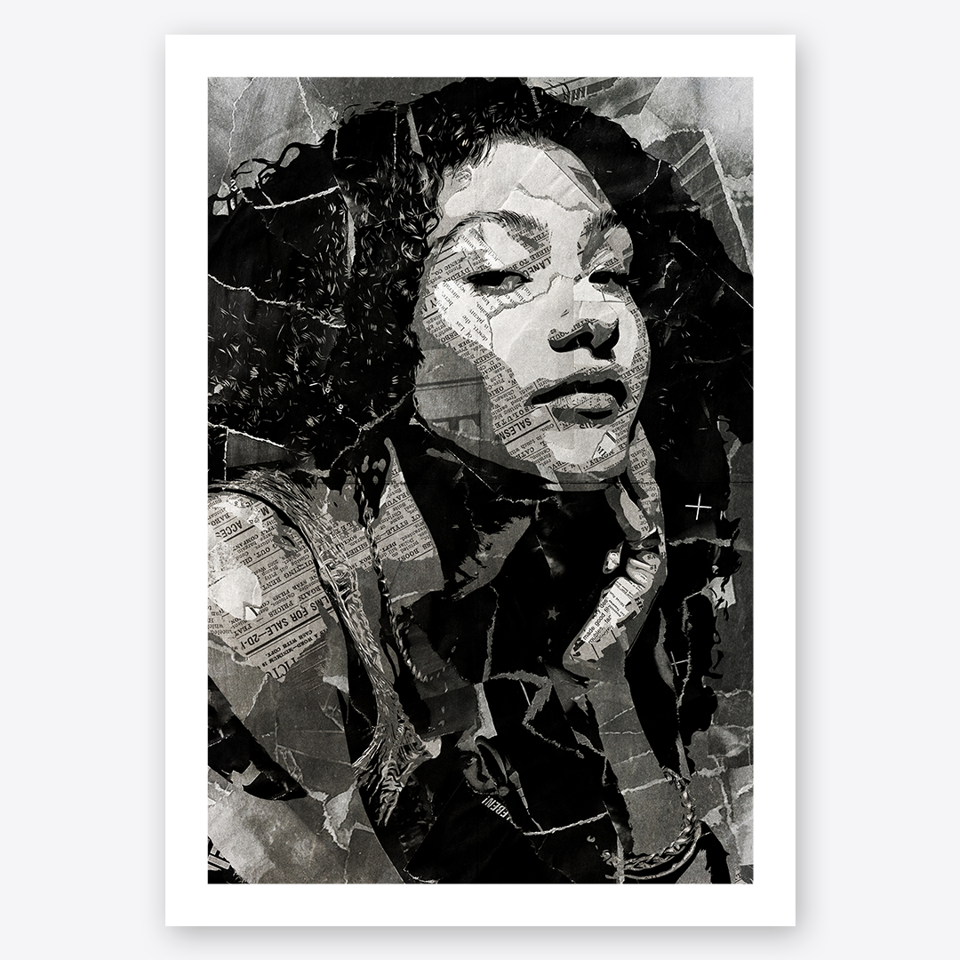 An Olivia Dean poster design - a portrait of Olivia made using a collage of torn pieces of magazine pages in black and white.