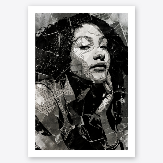 An Olivia Dean poster design - a portrait of Olivia made using a collage of torn pieces of magazine pages in black and white.