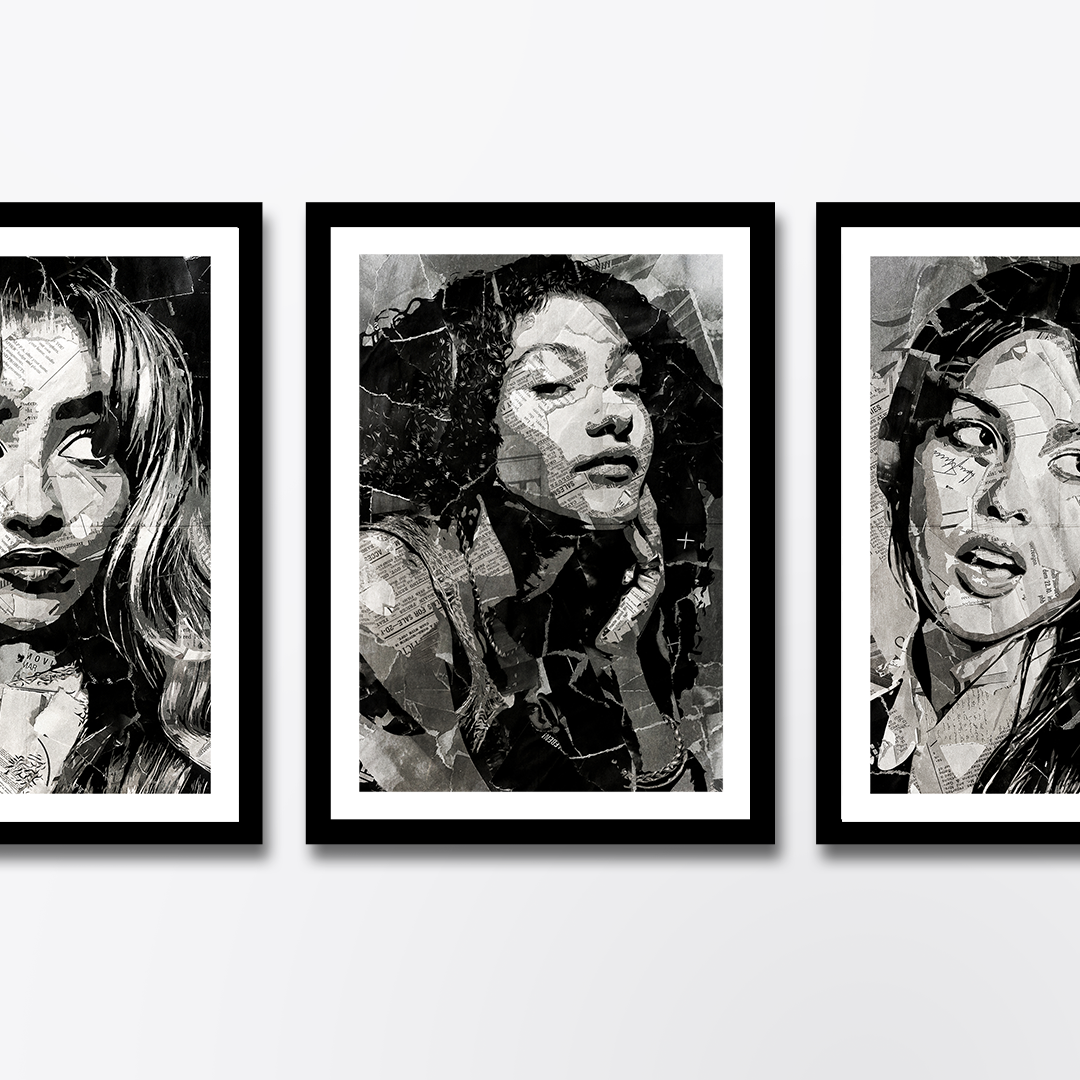 An Olivia Dean poster design - a portrait of Olivia made using a collage of torn pieces of magazine pages in black and white.