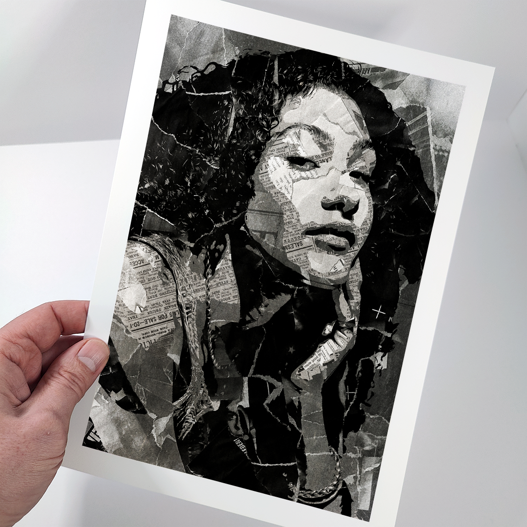 An Olivia Dean poster design - a portrait of Olivia made using a collage of torn pieces of magazine pages in black and white.