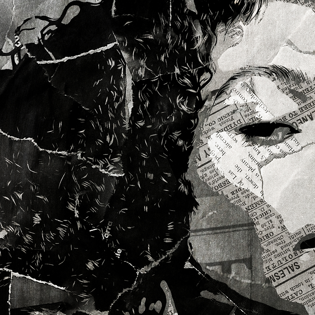 An Olivia Dean poster design - a portrait of Olivia made using a collage of torn pieces of magazine pages in black and white.