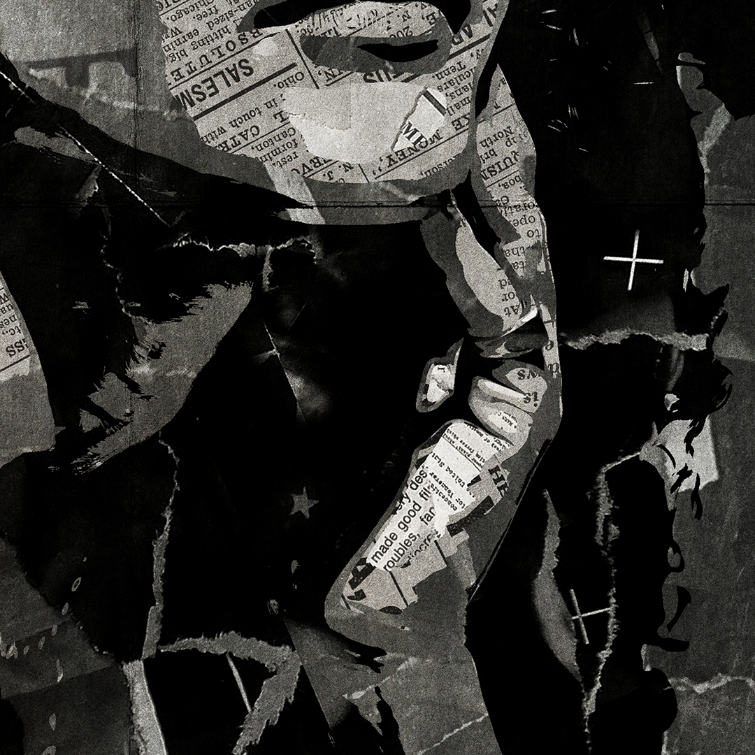 An Olivia Dean poster design - a portrait of Olivia made using a collage of torn pieces of magazine pages in black and white.