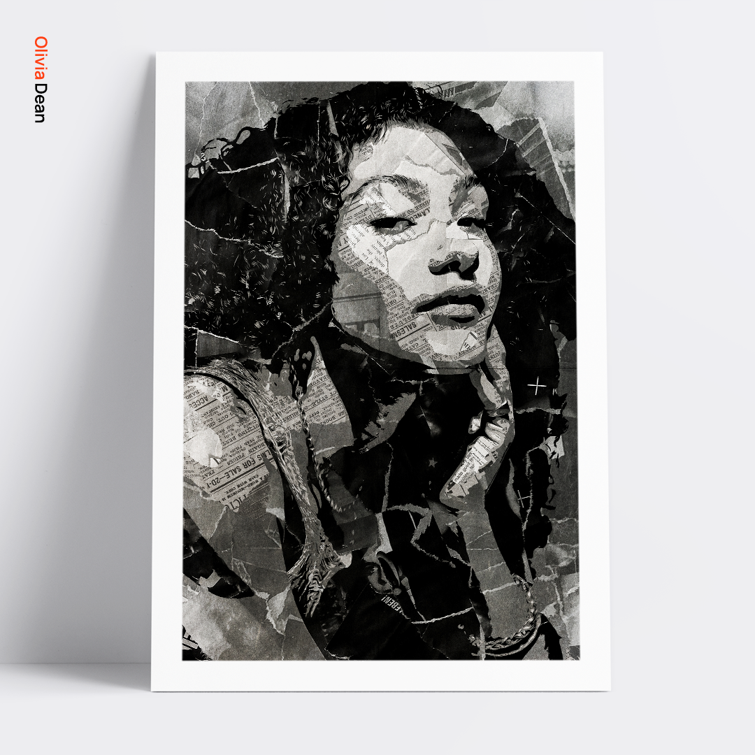 An Olivia Dean poster design - a portrait of Olivia made using a collage of torn pieces of magazine pages in black and white.