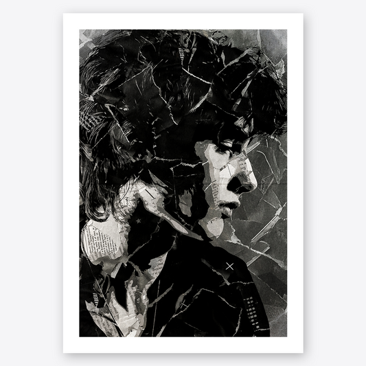 A Sombr poster design - a portrait of Sombr created using a collage of torn pieces of magazine pages in black and white.