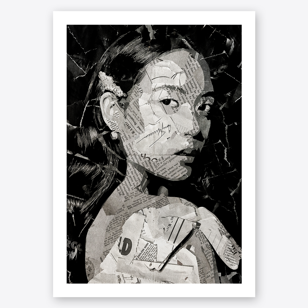 A Laufey poster design - a portrait of Laufey made using a collage of torn pieces of magazine pages in black and white.