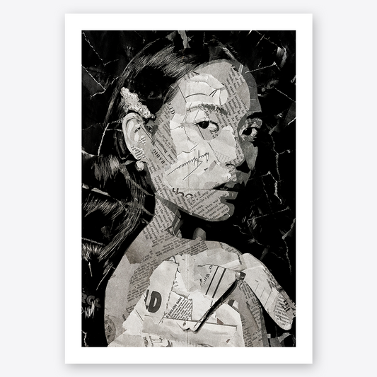A Laufey poster design - a portrait of Laufey made using a collage of torn pieces of magazine pages in black and white.