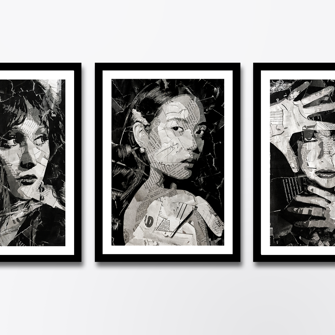 A Laufey poster design - a portrait of Laufey made using a collage of torn pieces of magazine pages in black and white.