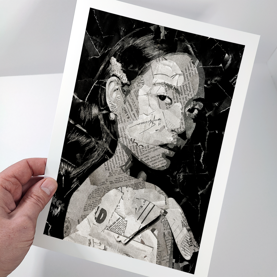 A Laufey poster design - a portrait of Laufey made using a collage of torn pieces of magazine pages in black and white.