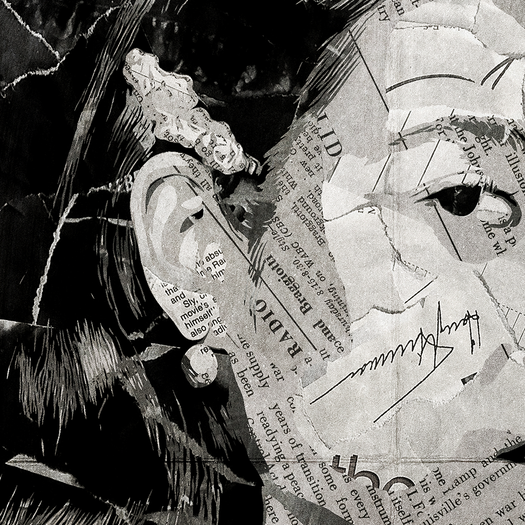 A Laufey poster design - a portrait of Laufey made using a collage of torn pieces of magazine pages in black and white.