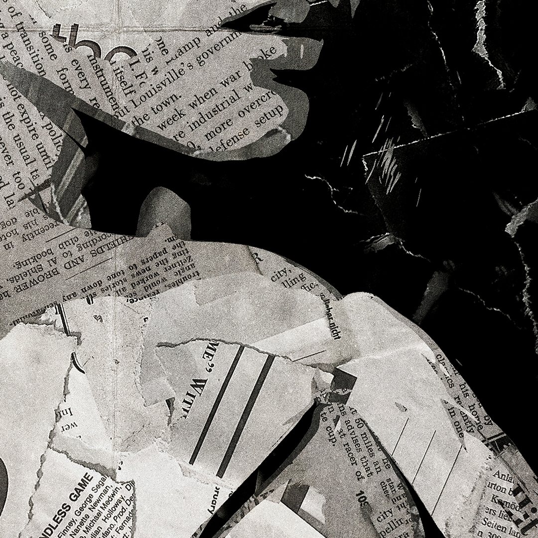 A Laufey poster design - a portrait of Laufey made using a collage of torn pieces of magazine pages in black and white.