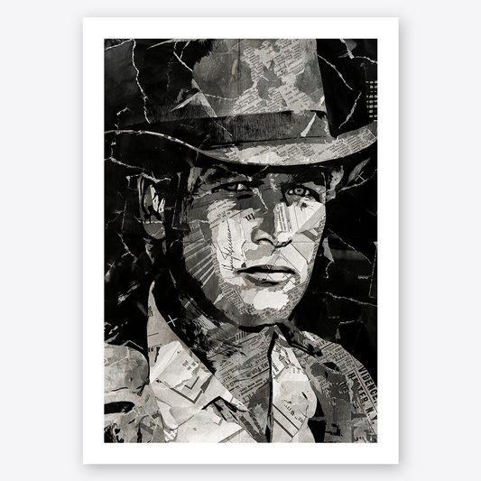 A Butch Cassidy / Paul Newman poster design - a portrait of Paul created using a collage of torn pieces of magazine pages in black and white.