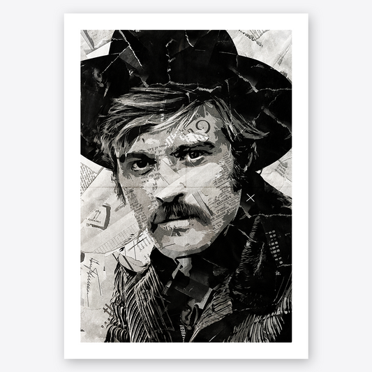 A Sundance Kid / Robert Redford poster design - a portrait of Robert created using a collage of torn pieces of magazine pages in black and white.