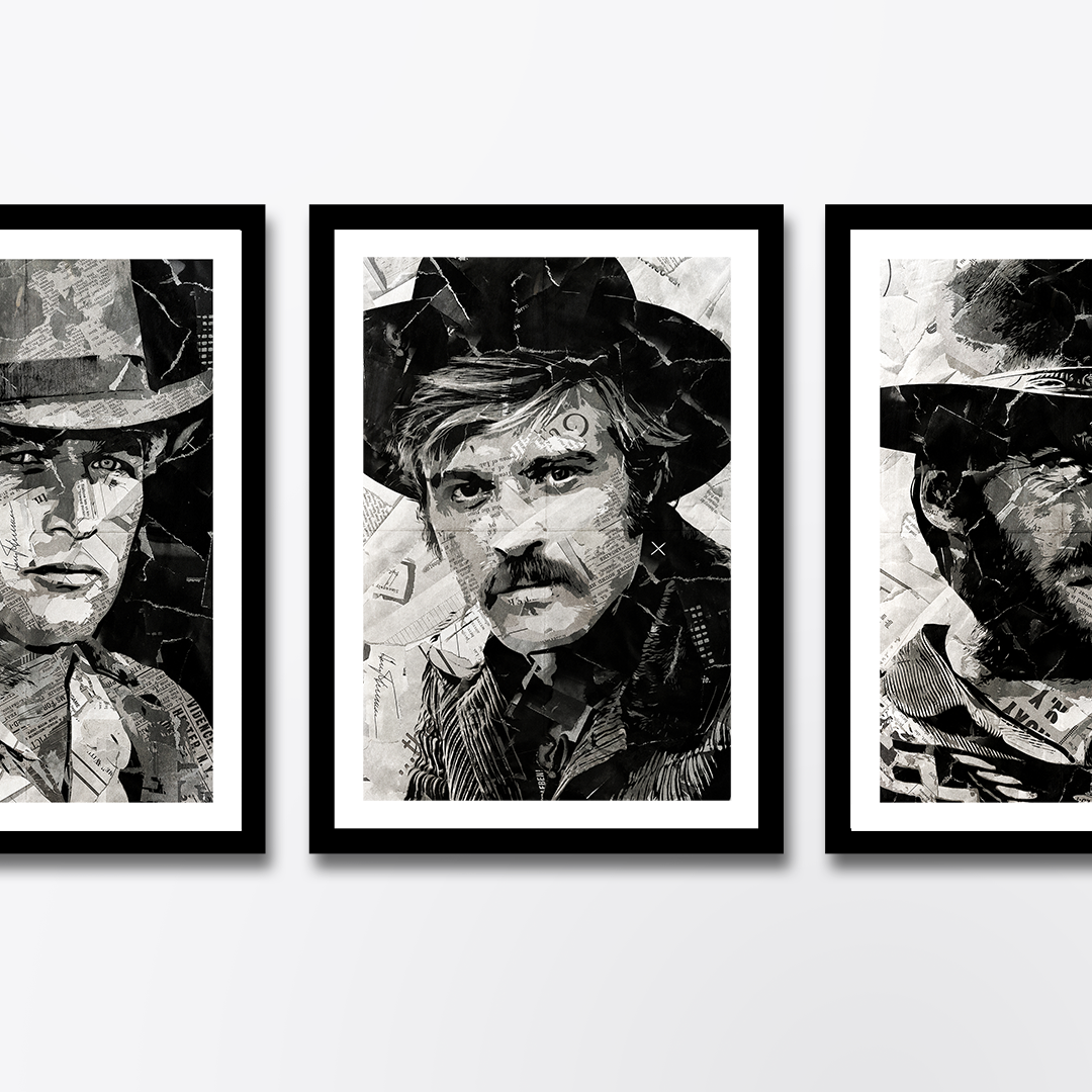 A Sundance Kid / Robert Redford poster design - a portrait of Robert created using a collage of torn pieces of magazine pages in black and white.