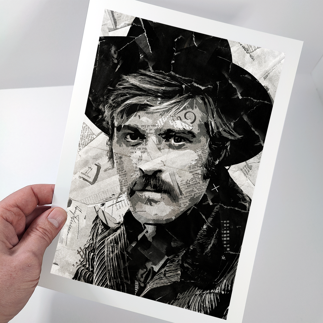 A Sundance Kid / Robert Redford poster design - a portrait of Robert created using a collage of torn pieces of magazine pages in black and white.