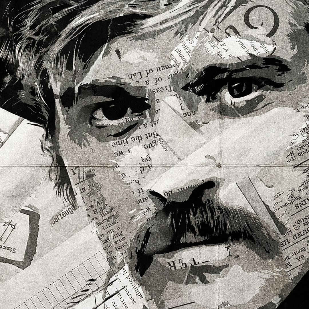 A Sundance Kid / Robert Redford poster design - a portrait of Robert created using a collage of torn pieces of magazine pages in black and white.