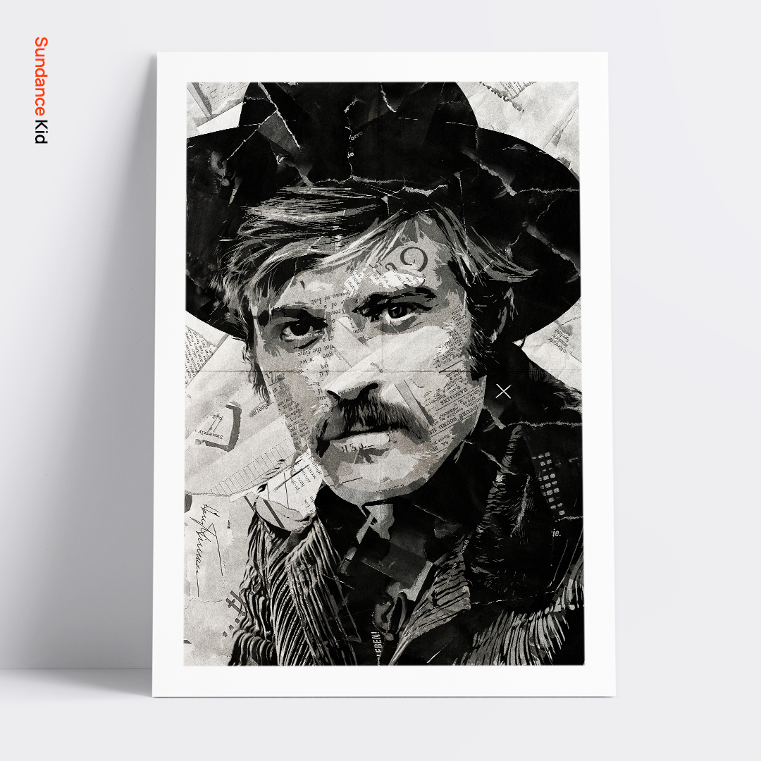 A Sundance Kid / Robert Redford poster design - a portrait of Robert created using a collage of torn pieces of magazine pages in black and white.