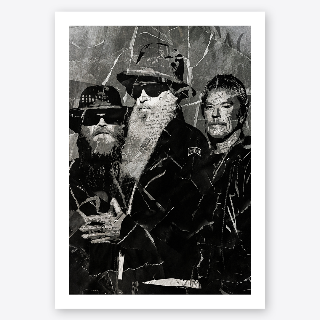 A ZZ Top poster design - a portrait of Billy Gibbons, Frank Beard & Dusty Hill made using a collage of torn pieces of magazine pages in black and white.