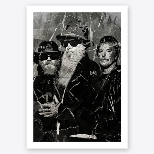 A ZZ Top poster design - a portrait of Billy Gibbons, Frank Beard & Dusty Hill made using a collage of torn pieces of magazine pages in black and white.