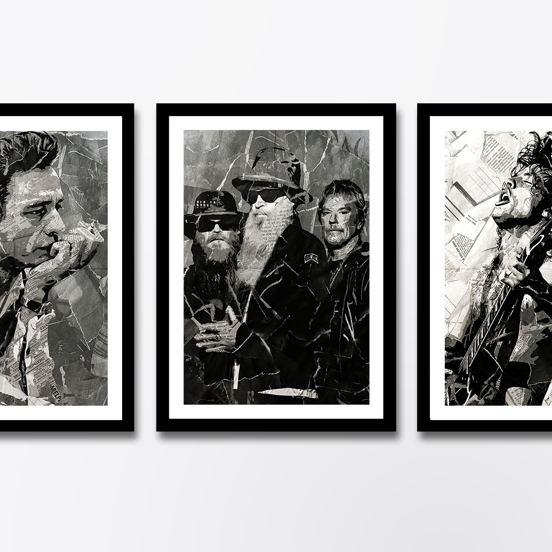 A ZZ Top poster design - a portrait of Billy Gibbons, Frank Beard & Dusty Hill made using a collage of torn pieces of magazine pages in black and white.