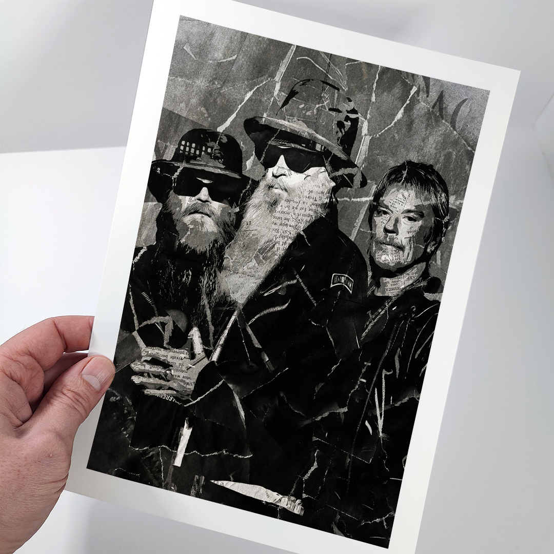 A ZZ Top poster design - a portrait of Billy Gibbons, Frank Beard & Dusty Hill made using a collage of torn pieces of magazine pages in black and white.