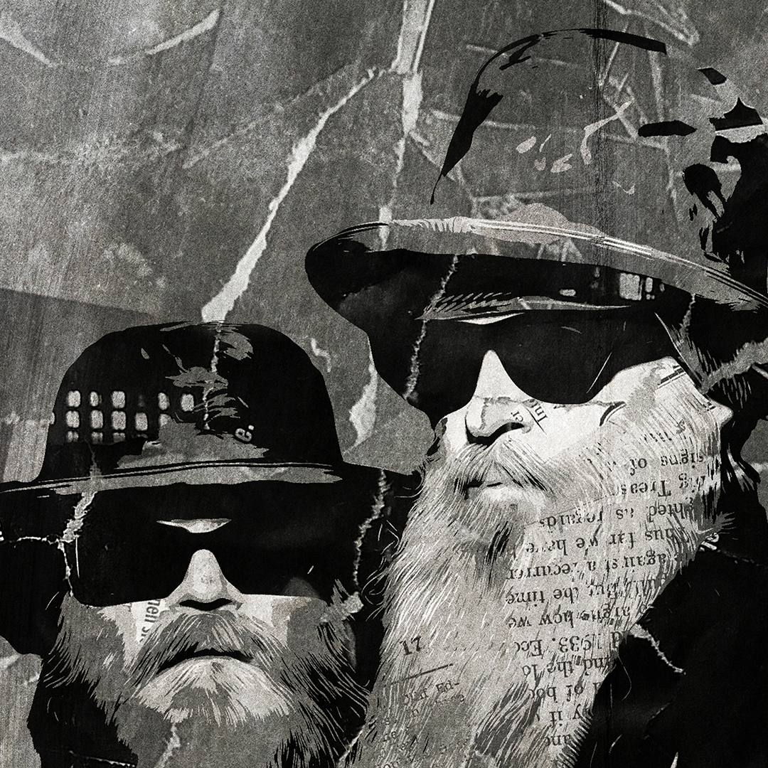 A ZZ Top poster design - a portrait of Billy Gibbons, Frank Beard & Dusty Hill made using a collage of torn pieces of magazine pages in black and white.