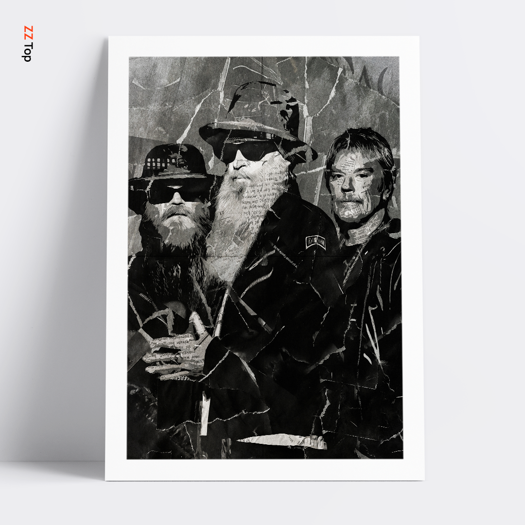 A ZZ Top poster design - a portrait of Billy Gibbons, Frank Beard & Dusty Hill made using a collage of torn pieces of magazine pages in black and white.