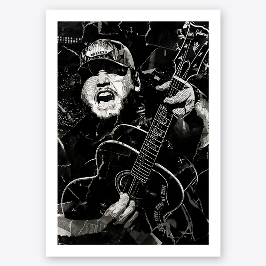 A Luke Combs poster design - a portrait of Luke created using a collage of torn pieces of magazine pages in black and white.