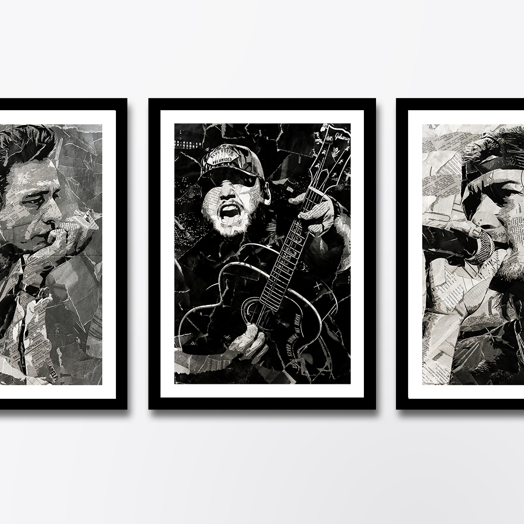 A Luke Combs poster design - a portrait of Luke created using a collage of torn pieces of magazine pages in black and white.