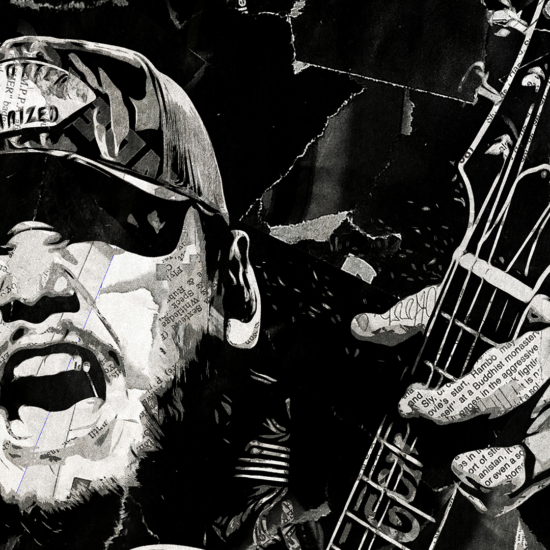 A Luke Combs poster design - a portrait of Luke created using a collage of torn pieces of magazine pages in black and white.