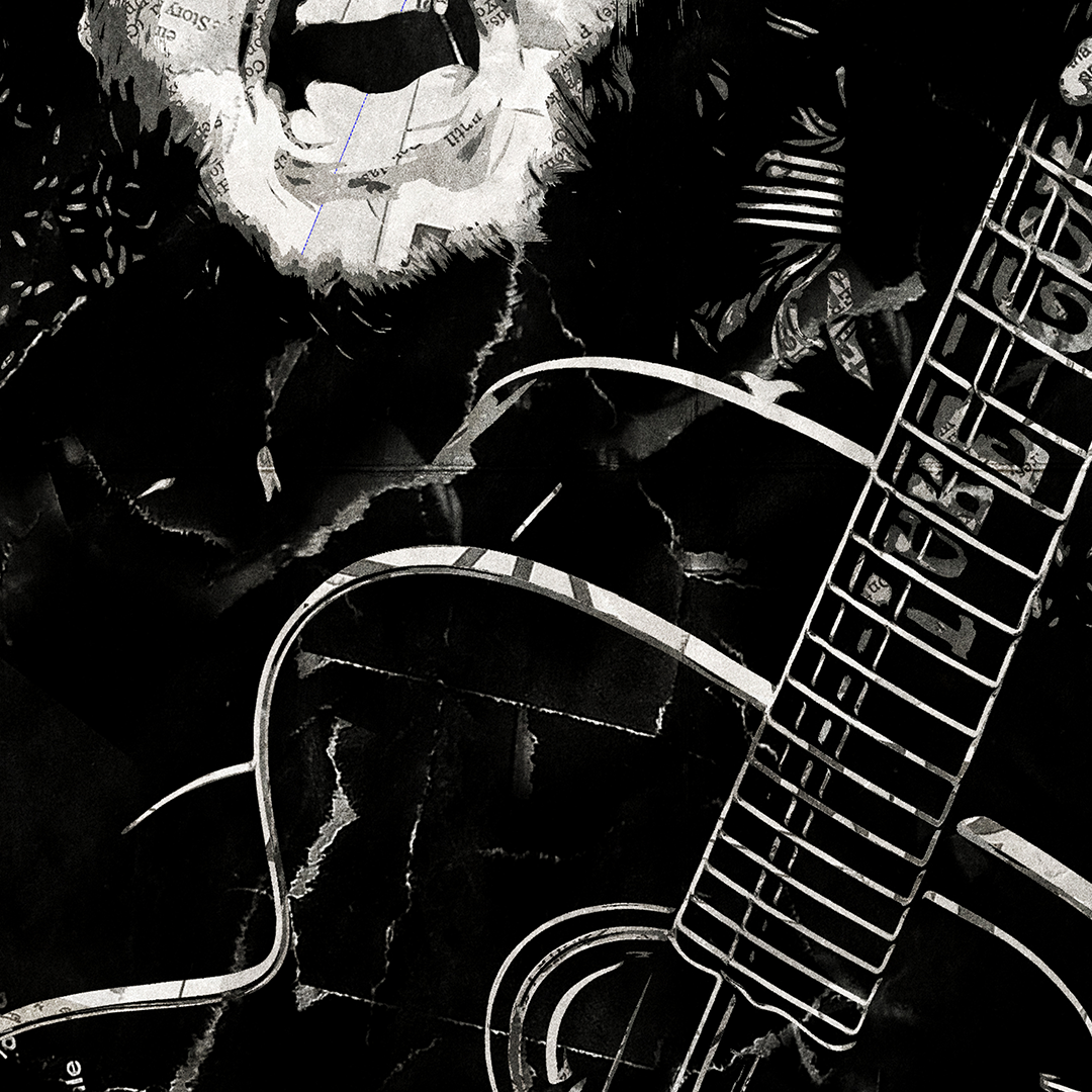 A Luke Combs poster design - a portrait of Luke created using a collage of torn pieces of magazine pages in black and white.
