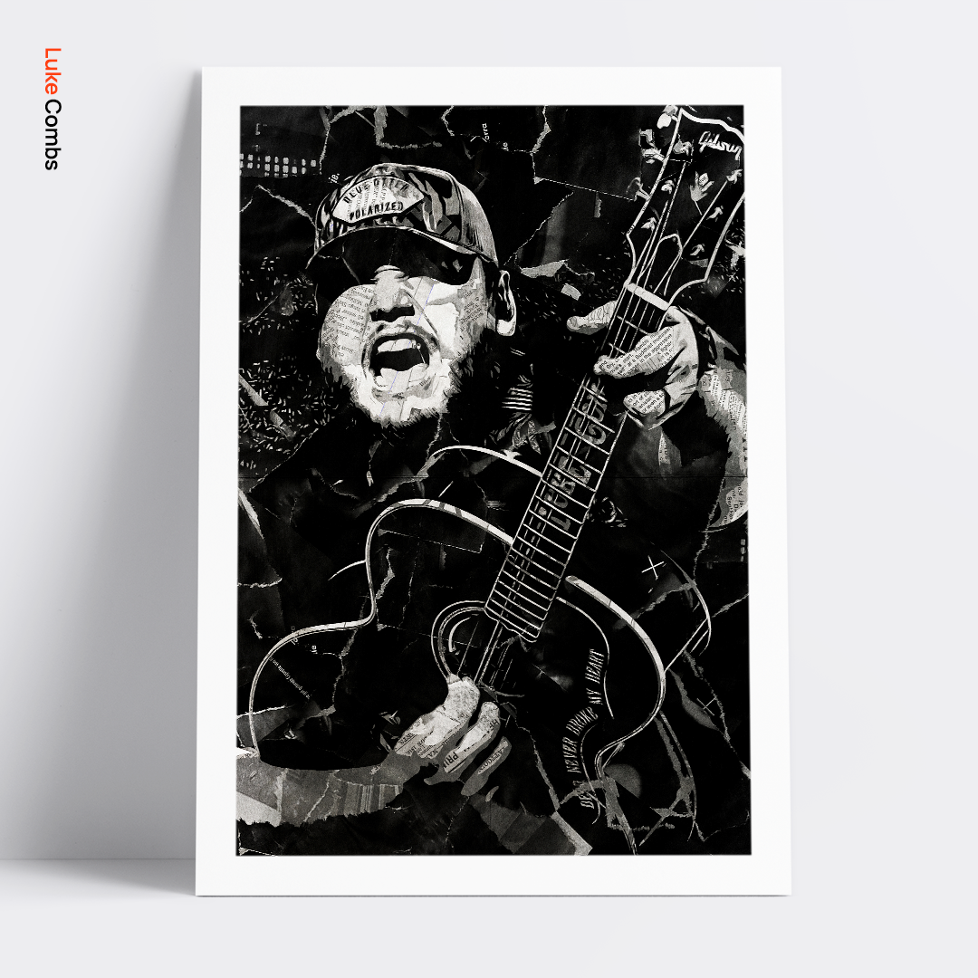 A Luke Combs poster design - a portrait of Luke created using a collage of torn pieces of magazine pages in black and white.