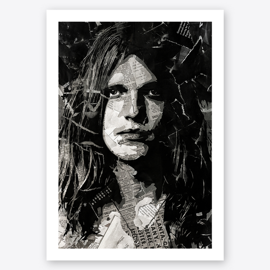 A Michael Schenker poster design - a portrait of Michael made using a collage of torn pieces of magazine pages in black and white.