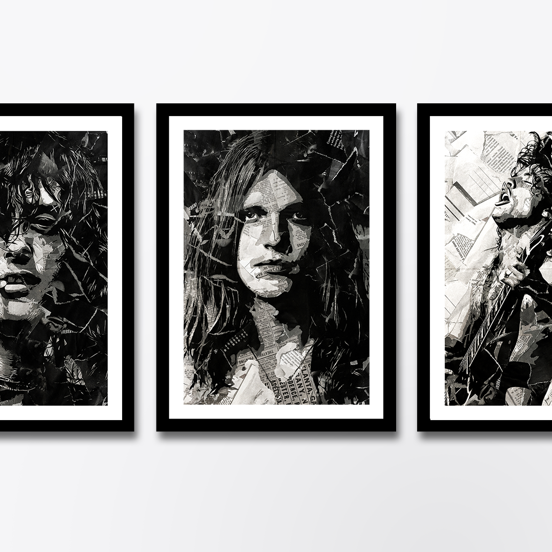 A Michael Schenker poster design - a portrait of Michael made using a collage of torn pieces of magazine pages in black and white.
