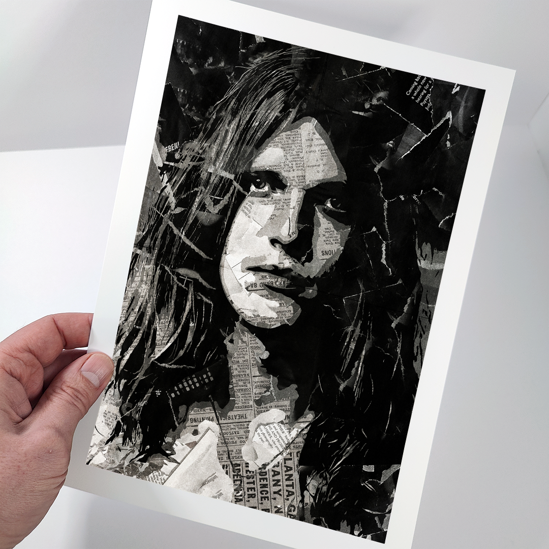 A Michael Schenker poster design - a portrait of Michael made using a collage of torn pieces of magazine pages in black and white.