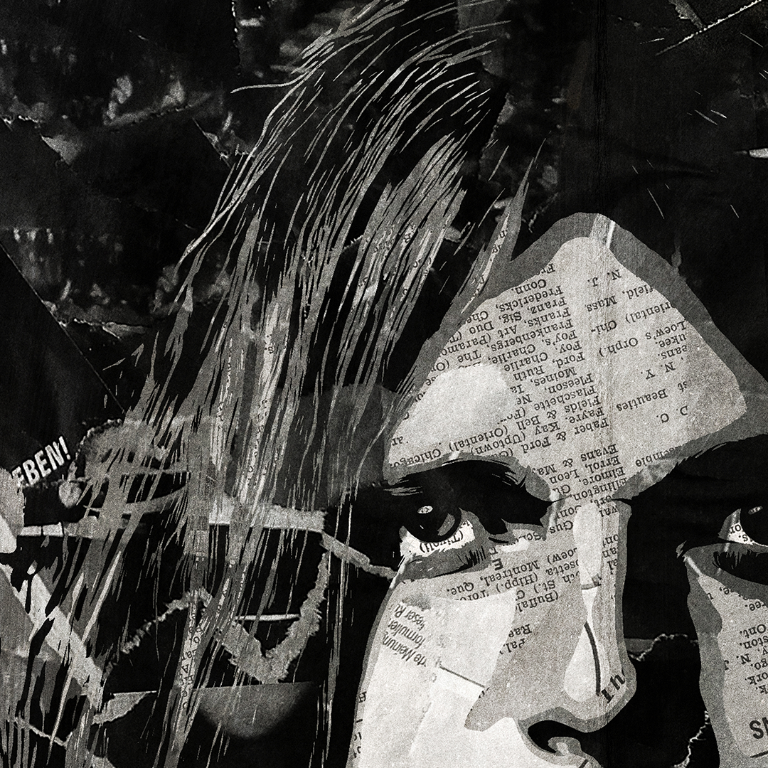 A Michael Schenker poster design - a portrait of Michael made using a collage of torn pieces of magazine pages in black and white.