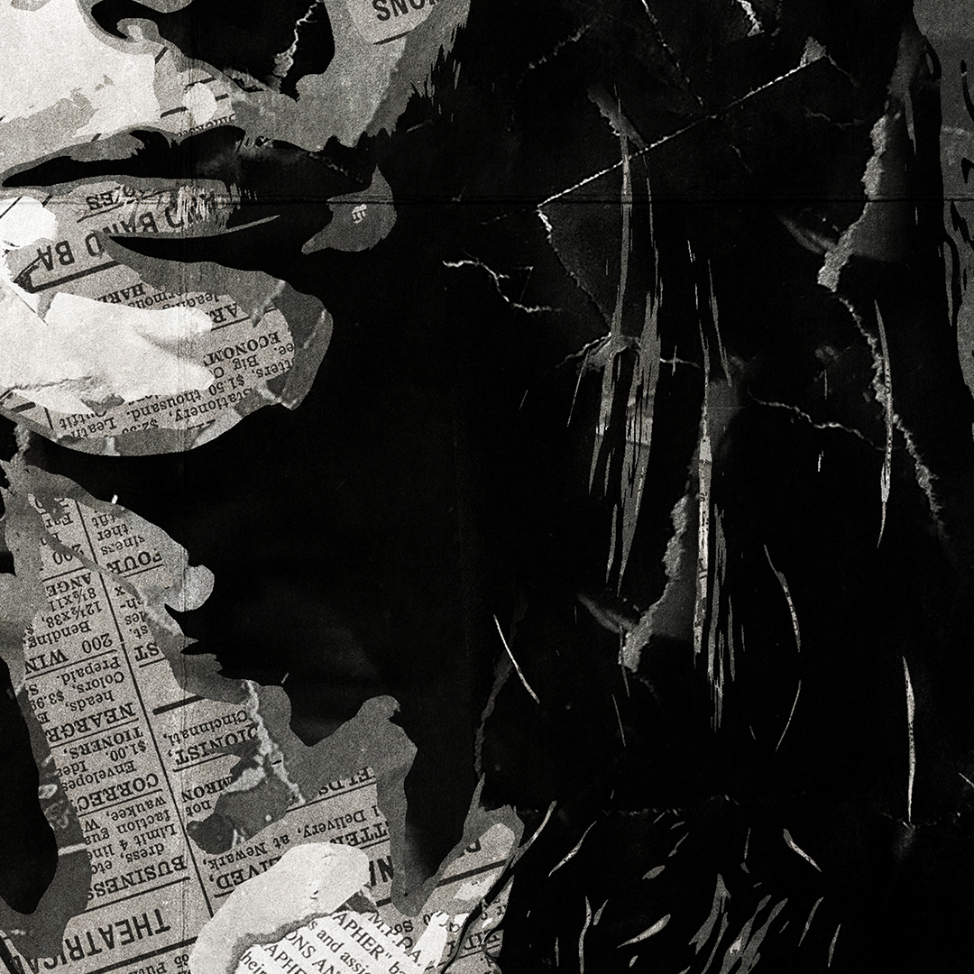 A Michael Schenker poster design - a portrait of Michael made using a collage of torn pieces of magazine pages in black and white.