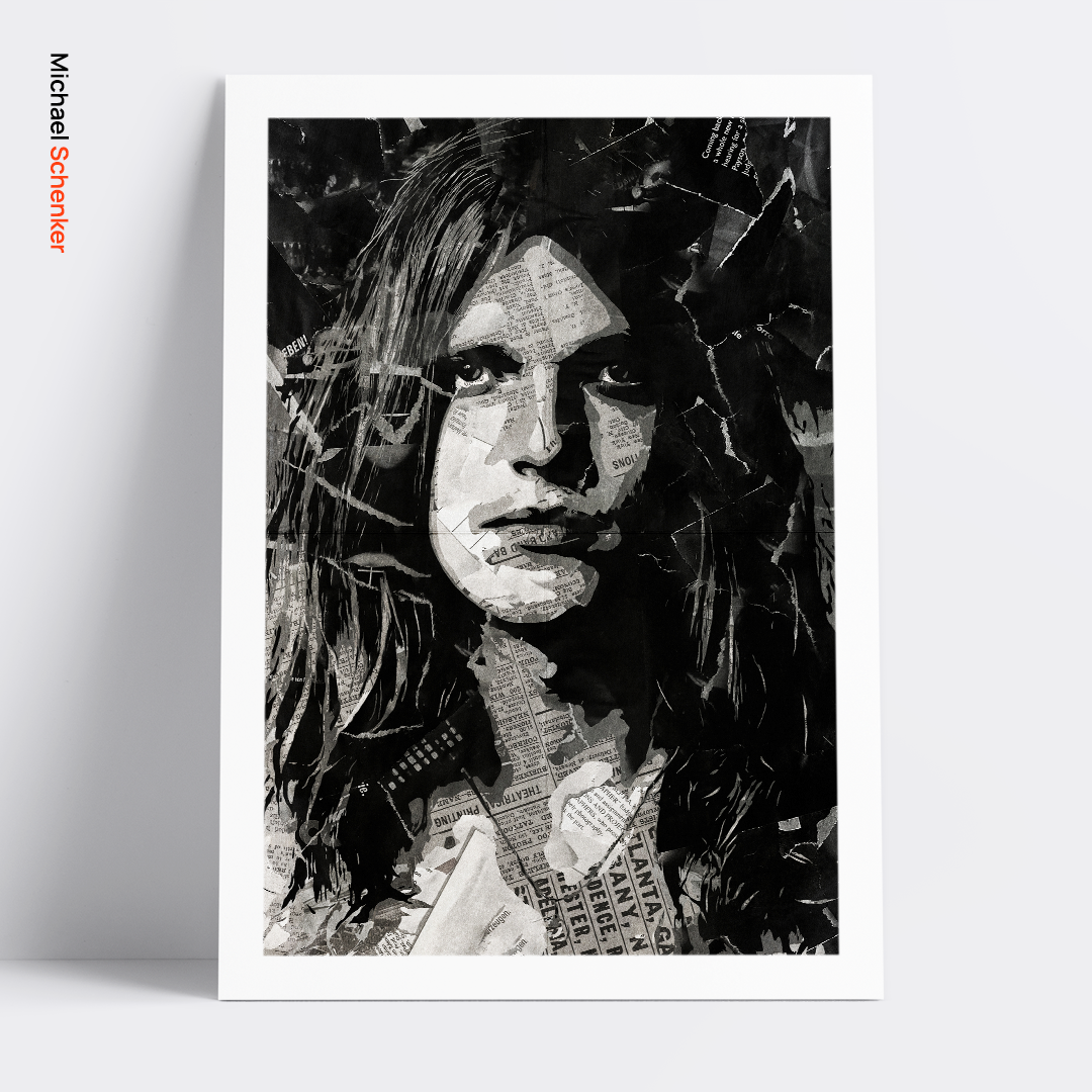 A Michael Schenker poster design - a portrait of Michael made using a collage of torn pieces of magazine pages in black and white.