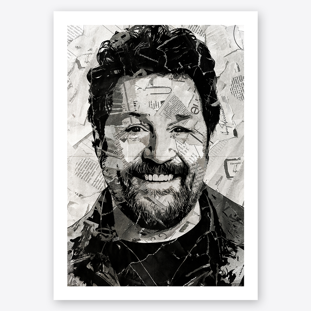 A Michael Ball poster design - a portrait of Michael made using a collage of torn pieces of magazine pages in black and white.