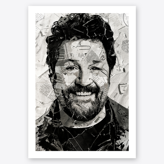 A Michael Ball poster design - a portrait of Michael made using a collage of torn pieces of magazine pages in black and white.