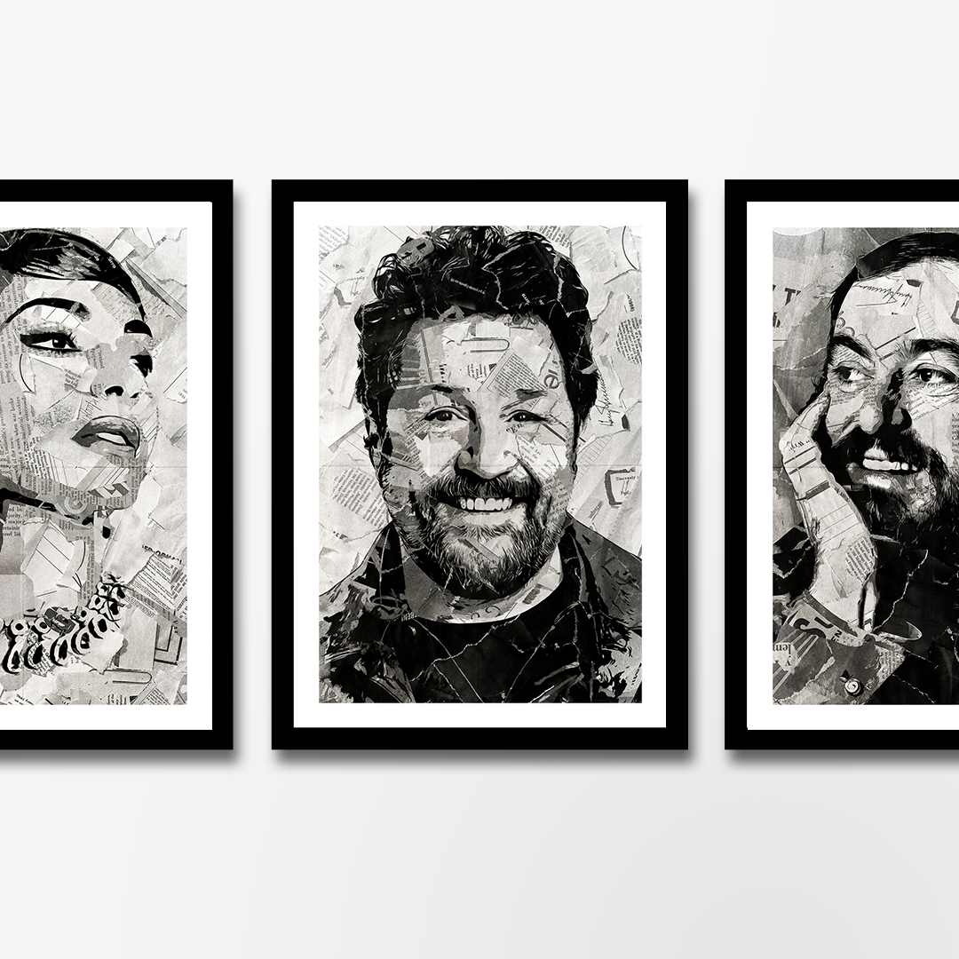 A Michael Ball poster design - a portrait of Michael made using a collage of torn pieces of magazine pages in black and white.