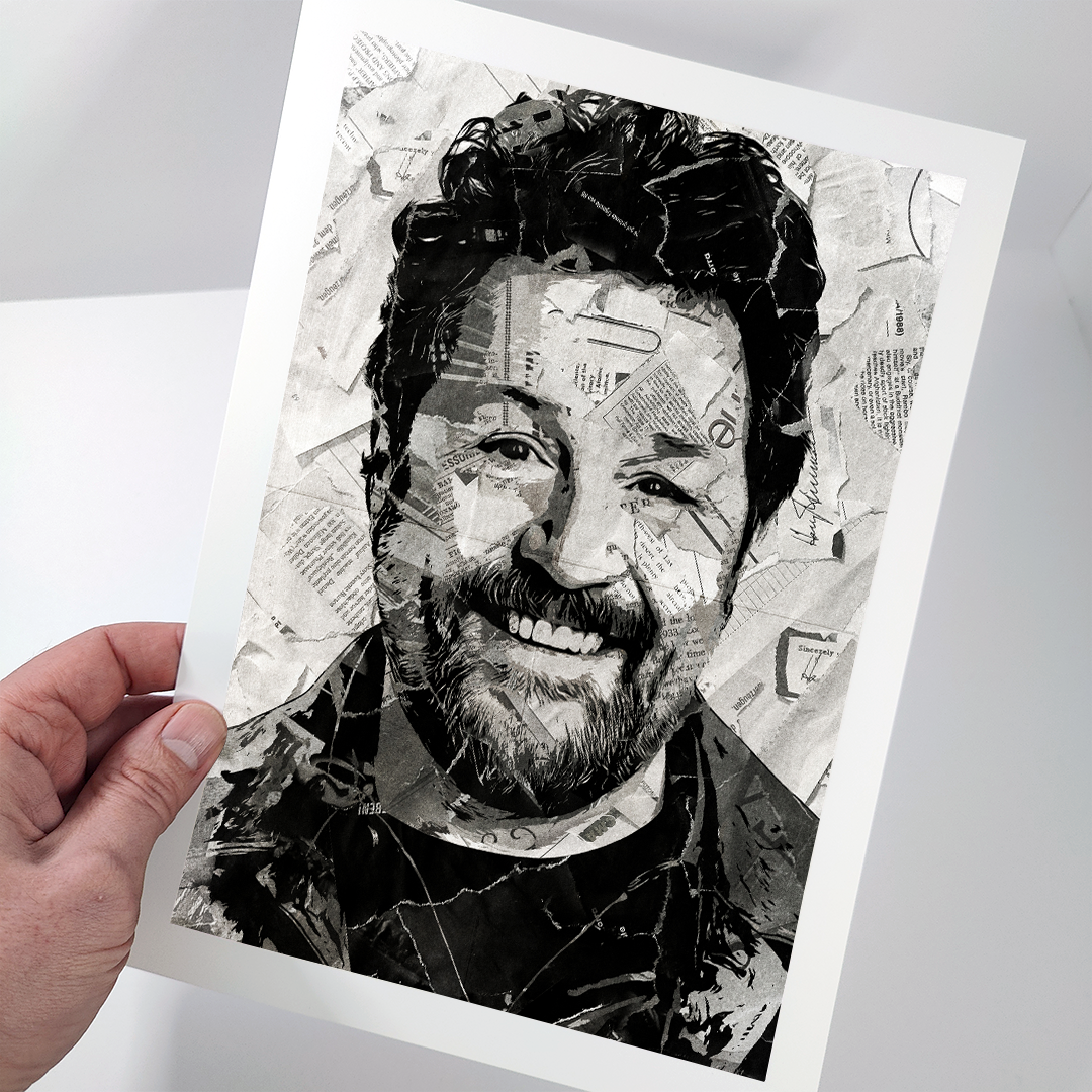 A Michael Ball poster design - a portrait of Michael made using a collage of torn pieces of magazine pages in black and white.