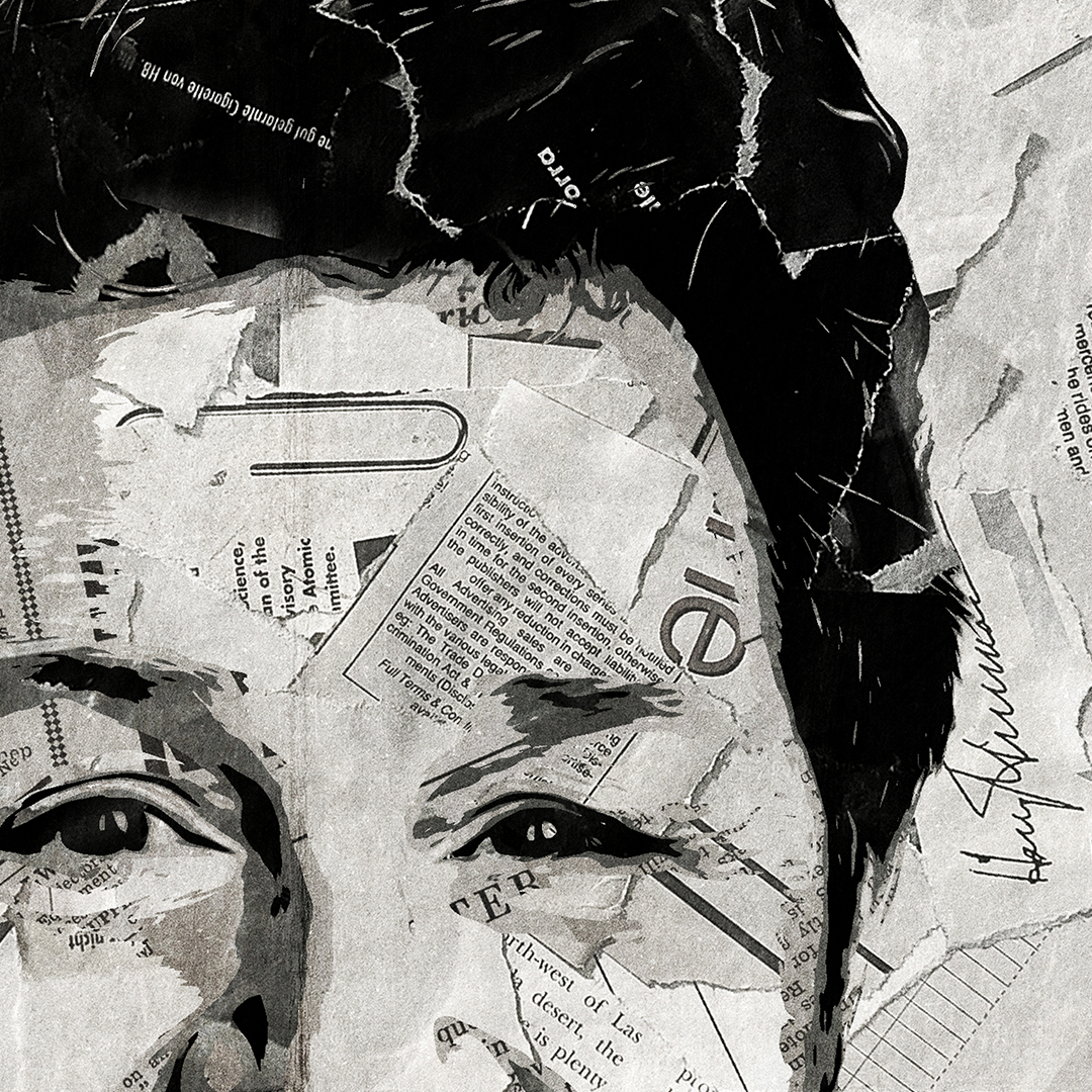 A Michael Ball poster design - a portrait of Michael made using a collage of torn pieces of magazine pages in black and white.