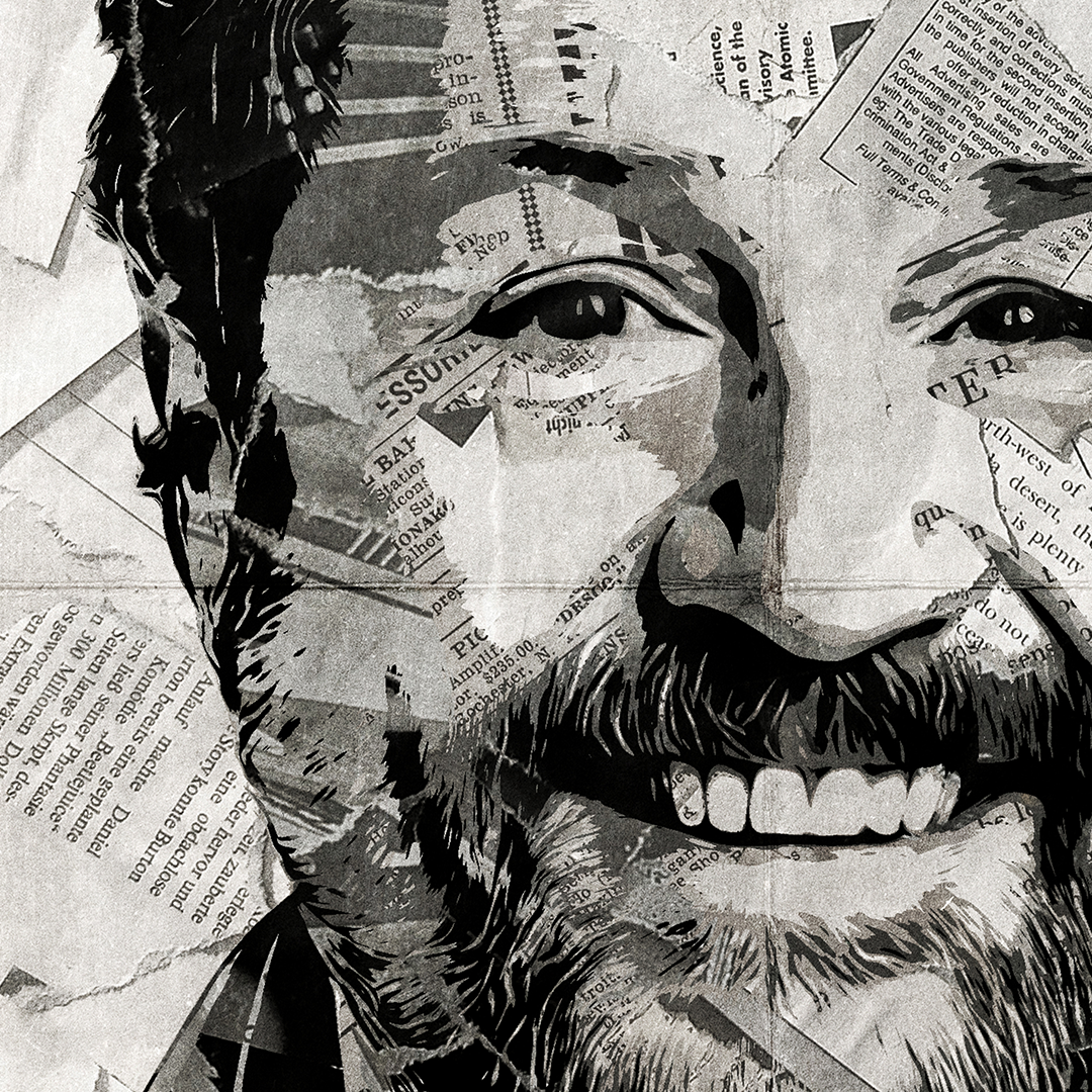 A Michael Ball poster design - a portrait of Michael made using a collage of torn pieces of magazine pages in black and white.