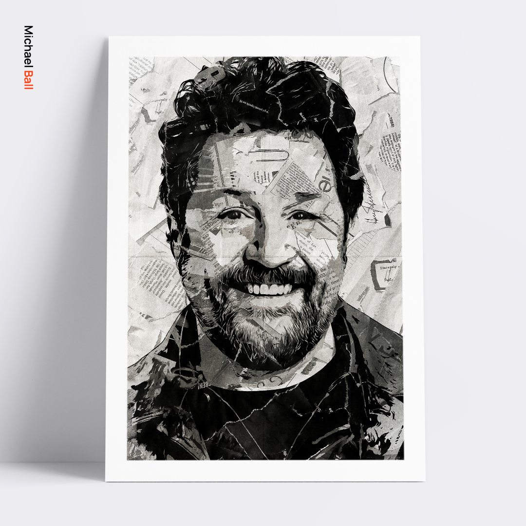 A Michael Ball poster design - a portrait of Michael made using a collage of torn pieces of magazine pages in black and white.