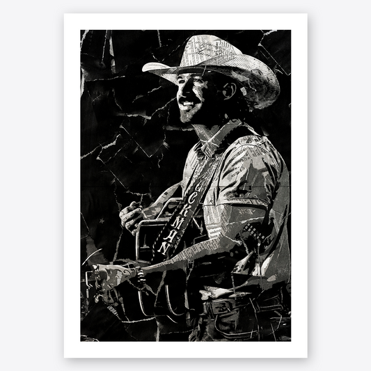 A Riley Green poster design - a portrait of Riley made using a collage of torn pieces of magazine pages in black and white.