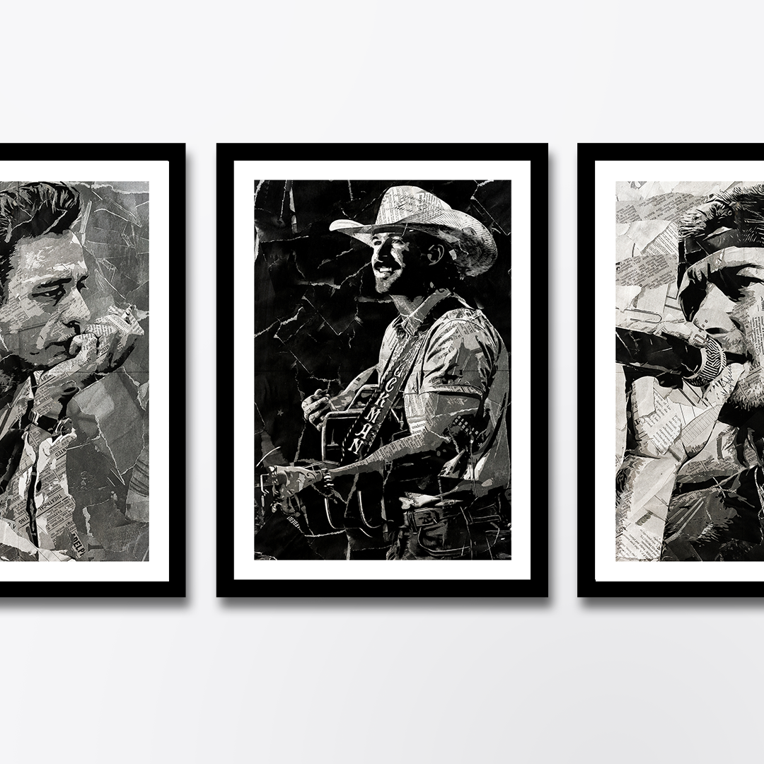 A Riley Green poster design - a portrait of Riley made using a collage of torn pieces of magazine pages in black and white.